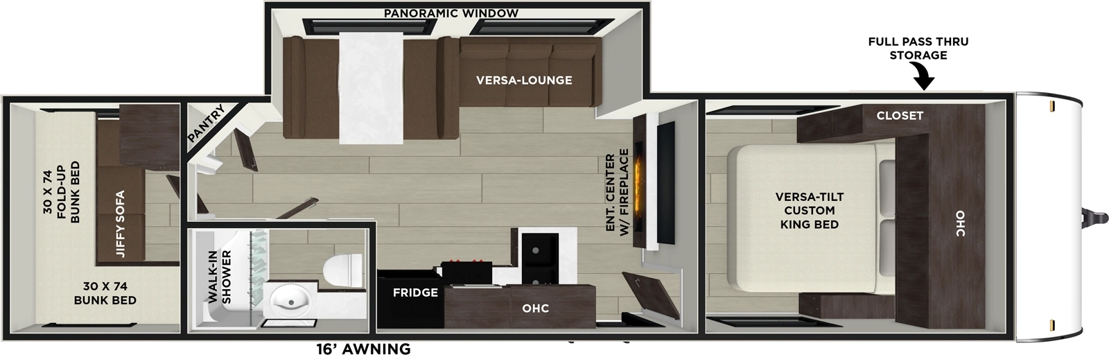 The Evo 2750QBX floorplan has one entry and one slide out. Exterior features include: metal exterior and 16' awning. Interiors features include: bunk beds and front bedroom.